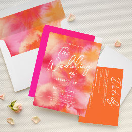 Convites Casamento moderno de cor rosa e aquarela laranja