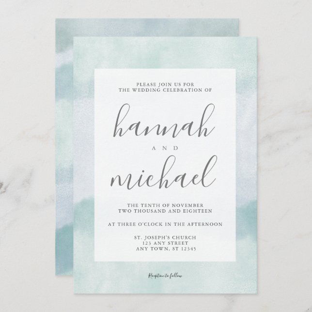 Convites Casamento Moderno de Cor Verde Verde Azul (Frente/Verso)