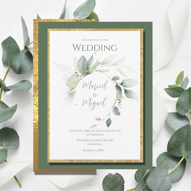 Convites Casamento Moderno de Eucalyptus Greenery Dourado W (Criador carregado)