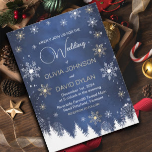 Convites Casamento Moderno de Floco de Neve de Inverno Azul