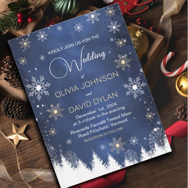 Convites Casamento Moderno de Floco de Neve de Inverno Azul (#zazzlemade #Modernsnowflake #snowflakesnavyblue #ChristmasInvitation #snowflake #snowholiday )