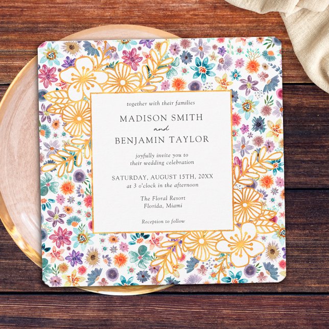 Convites Casamento Moderno de Flores Brancas de Ouro com Fl (Front)