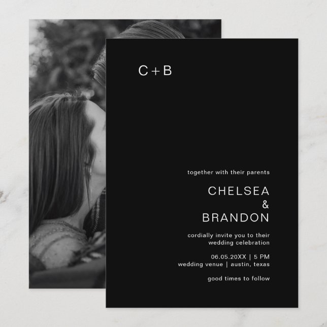 Convites Casamento Moderno de Foto Negra Chelsea (Frente/Verso)