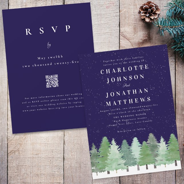 Convites Casamento Moderno de Inverno Floresta Código QR Az (Modern watercolor Woodland snow forest navy blue and white winter wedding qr code invitation)