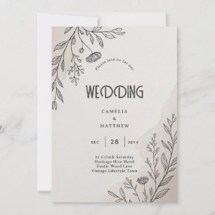 Convites Casamento Moderno de Linha de Arte Floral Minimali