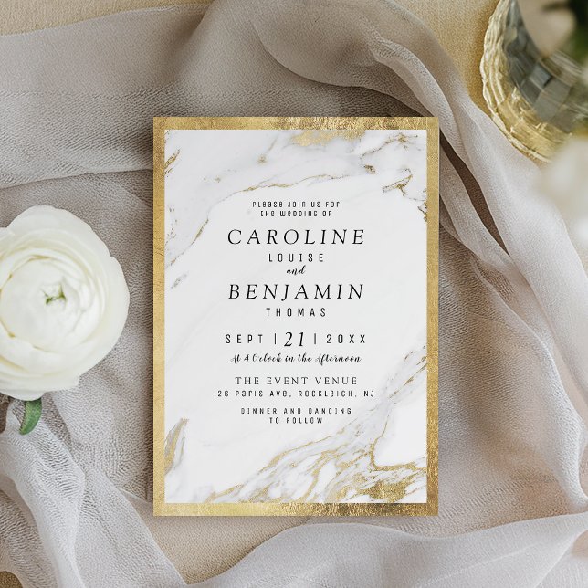 Convites Casamento moderno de luxo com folhas de ouro falsa (Faux gold foil marble luxury modern wedding invitation)