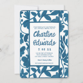 Convites Casamento Moderno de Manuscrito Floral Azul