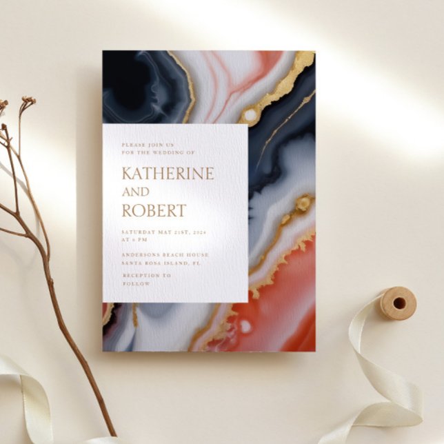 Convites Casamento Moderno De marinho Azul E Agato Laranja (Criador carregado)