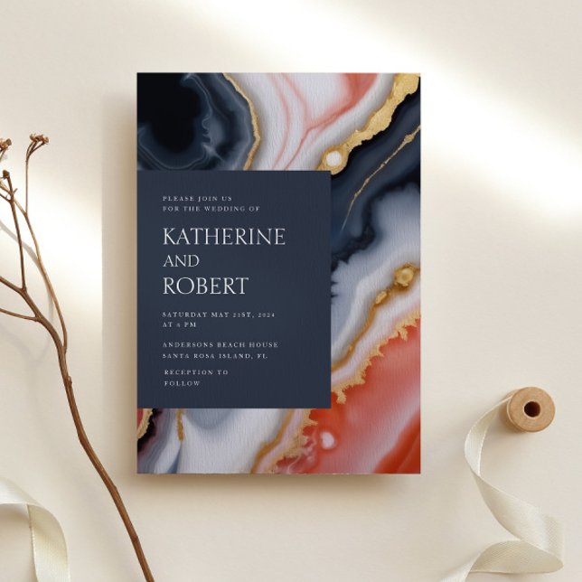 Convites Casamento Moderno De marinho Azul E Agato Laranja (Criador carregado)