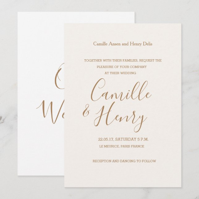 Convites Casamento moderno de ouro branco e champanhe do ti (Frente/Verso)