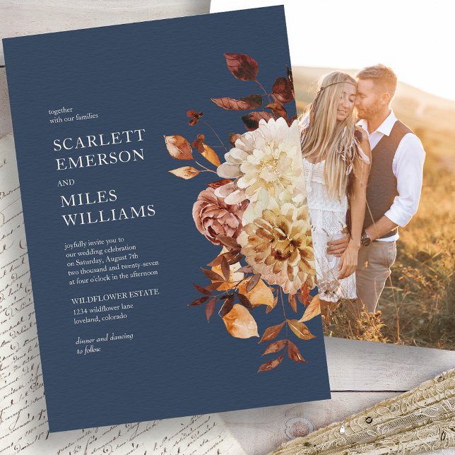 Convites Casamento Moderno de Outono Marinho (Navy Blue Fall Modern Navy Wedding Invitation
)