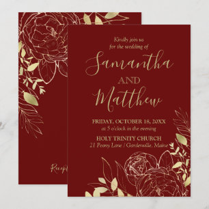 Convites Casamento Moderno de Peony Dourada e Borgonha Verm