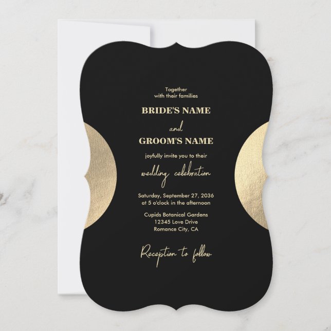 Convites Casamento moderno de preto e Abstrato Dourado cont (Frente)