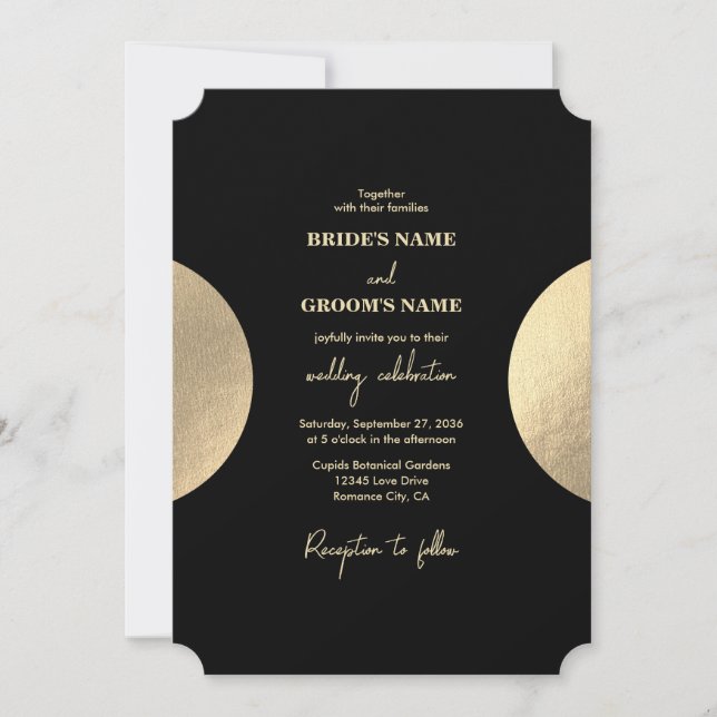 Convites Casamento moderno de preto e Abstrato Dourado cont (Frente)