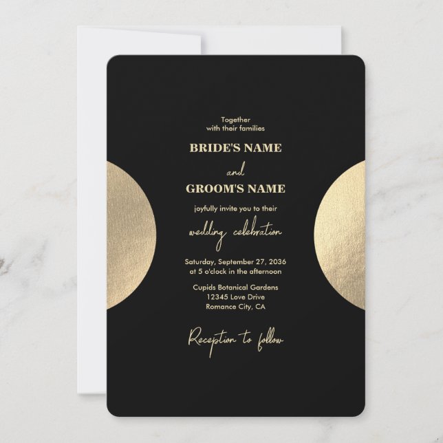 Convites Casamento moderno de preto e Abstrato Dourado cont (Frente)