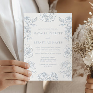 Convites Casamento Moderno de Rosas Francesas Azuis e Branc