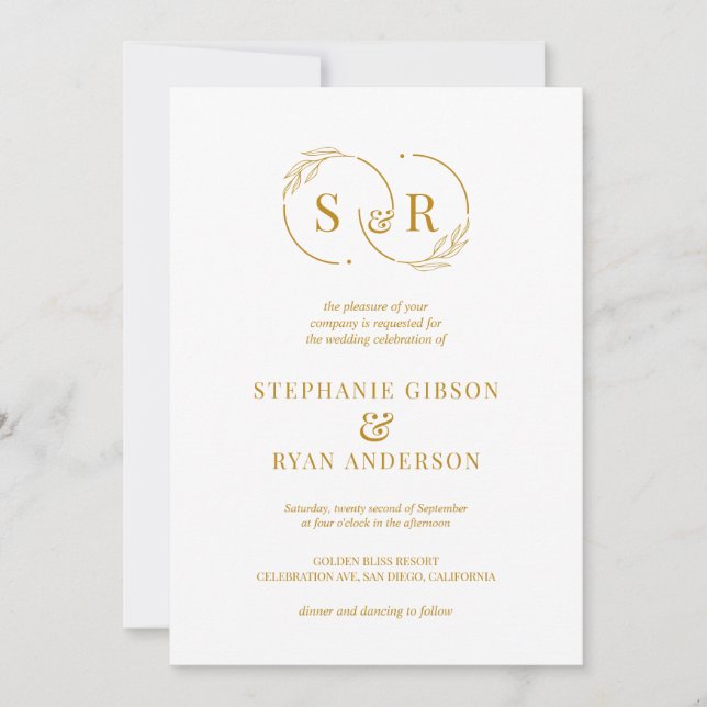 Convites Casamento Moderno de Script Dourado do Monograma E (Frente)