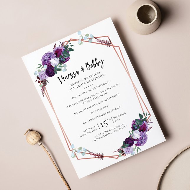 Convites Casamento Moderno de Script Floral Roxo (Purple Floral Geometric Wedding Invitation)