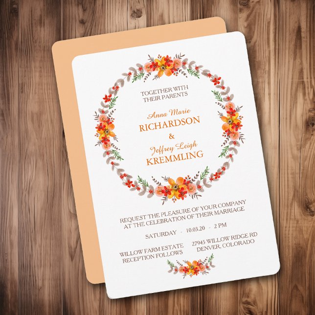Convites Casamento Moderno de Tangerine Boho Floral Wreath (Criador carregado)