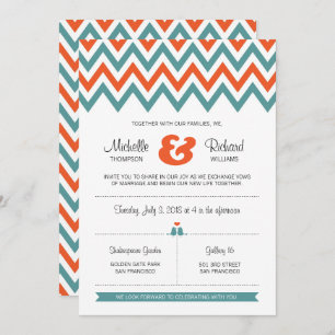 Convites Casamento Moderno de Teal & Orange Chevron & Loveb
