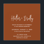 Convites Casamento Moderno de Terracotta Minimalista<br><div class="desc">Um convite para casamento de boho quadrado moderno, com um simples design com seus nomes em uma tipografia de script elegante e seus detalhes de evento em uma fonte de sans serif minimalista. Todos os elementos de design estão em branco sobre um fundo de terracota/cobre. Este convite de casamento chic...</div>