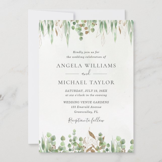 Convites Casamento Moderno de Watercolor Eucalyptus Greener (Frente)