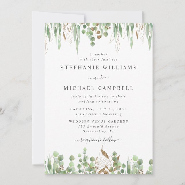 Convites Casamento Moderno de Watercolor Eucalyptus Greener (Frente)