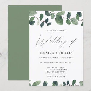 Convites Casamento Moderno de Watercolor Eucalyptus Greener