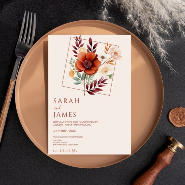 Convites Casamento Moderno de Watercolor Terracotta Wildflo (Criador carregado)