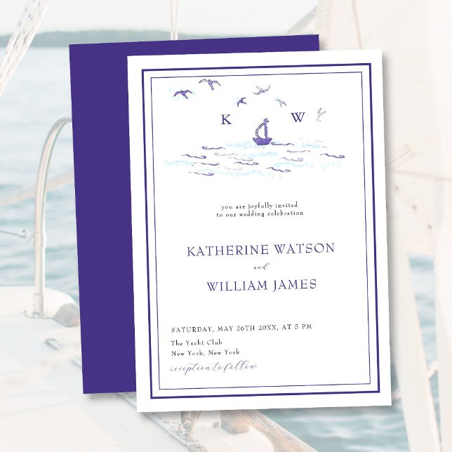 Convites Casamento Moderno de Yacht Waves Frame-boat mínimo (Criador carregado)