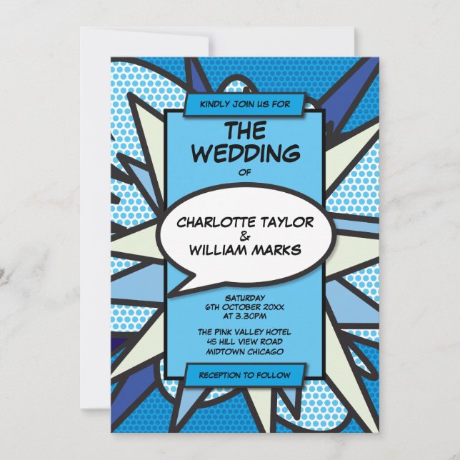 Convites Casamento Moderno Divertido Designer Azul Quadrinh (Frente)
