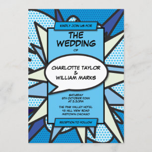 Convites Casamento Moderno Divertido Designer Azul Quadrinh