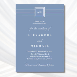 Convites Casamento Moderno do Monograma Branco Azul Elegant