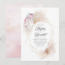 Convites Casamento Moderno do Rei Rosa Protea e Pampas Gras