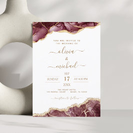 Convites Casamento Moderno Dourado Agate Burgundy