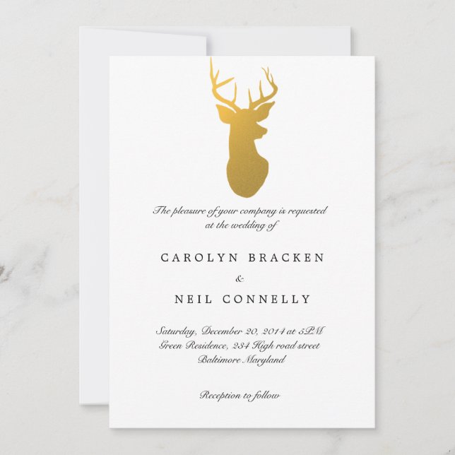 Convites Casamento Moderno Dourado Antler Clássico Simples (Frente)