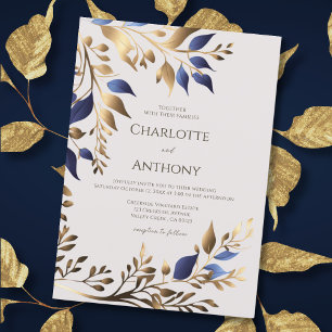 Convites Casamento Moderno Dourado Azul Folha Verde Elegant