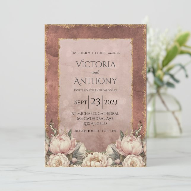 Convites Casamento Moderno Dourado Mauve Romântico (Em pé/Frente)