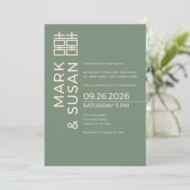 Convites Casamento Moderno Dupla Felicidade Verde Salvia (Em pé/Frente)