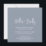 Convites Casamento Moderno e Azul Minimalista<br><div class="desc">Convite de casamento quadrado moderno com um simples design com seus nomes em uma tipografia de script elegante e seus detalhes de evento em uma fonte minimalista sans serif. Todos os elementos design estão em branco sobre um fundo azul empoeirado. Este convite de casamento chic funciona bem para um primavera,...</div>