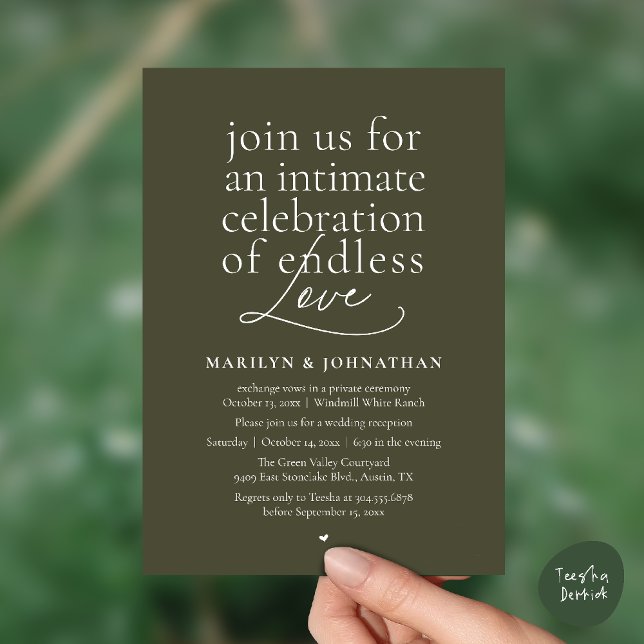 Convites Casamento Moderno e Elegante, Amor Sem Fim, Recepç (Modern Elegant Wedding, Endless Love, Reception Dinner Invitation Card in Olive Green)
