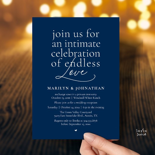 Convites Casamento Moderno e Elegante, Amor Sem Fim, Recepç (Modern Elegant Wedding, Endless Love, Reception Dinner Invitation Card in Navy Blue)