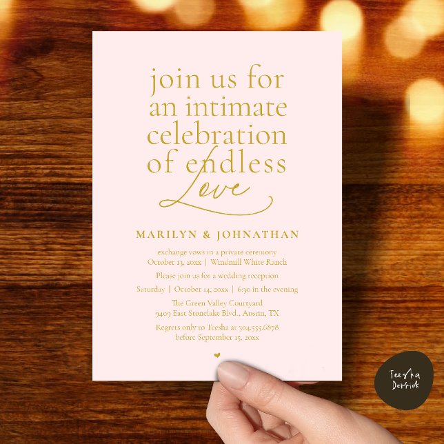 Convites Casamento Moderno e Elegante, Amor Sem Fim, Recepç (Modern Elegant Wedding, Endless Love, Reception Dinner Invitation Card in Yellow Gold Blush)