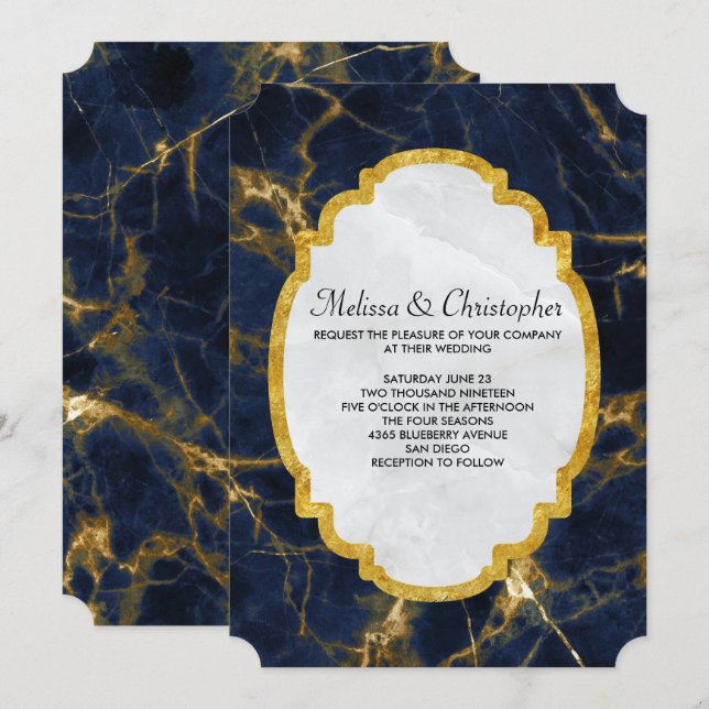 Convites Casamento Moderno e Elegante Azul Naval e Dourado (Frente/Verso)