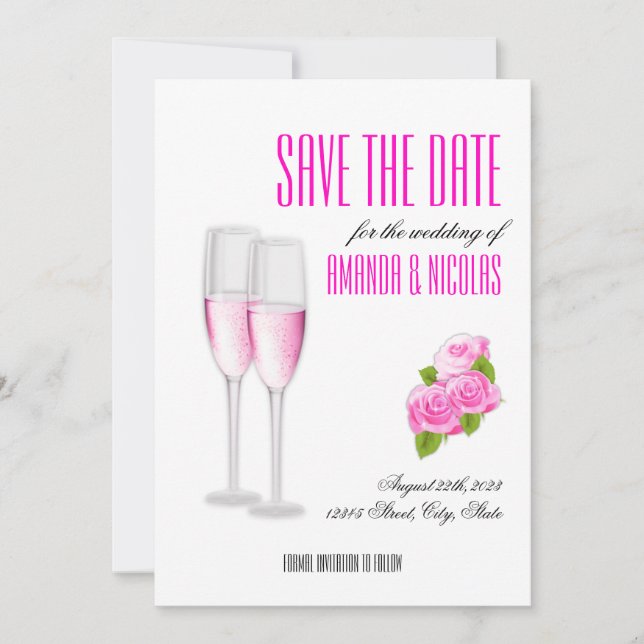 Convites Casamento moderno e elegante Branco Rosa Salve A D (Frente)