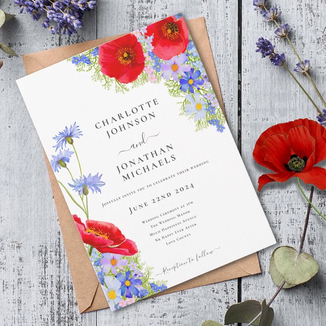 Convites Casamento Moderno e Elegante com Flores Silvestres (Modern wildflower red poppy blue cornflower watercolor wedding invitation )