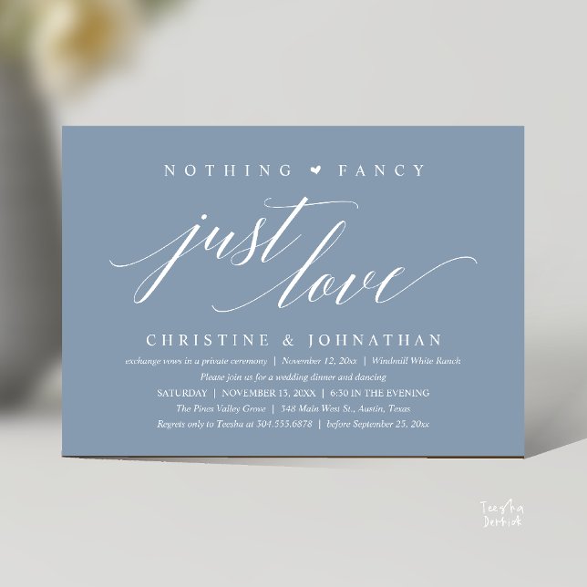 Convites Casamento Moderno e Sofisticado Nada de Luxo, Apen (Modern Classy Nothing Fancy, Just Love, Wedding Reception Dinner Invitation Card in Dusty Blue)