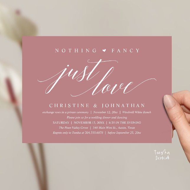 Convites Casamento Moderno e Sofisticado Nada de Luxo, Apen (Modern Classy Nothing Fancy, Just Love, Wedding Reception Dinner Invitation Card in Dusty Rose pink)