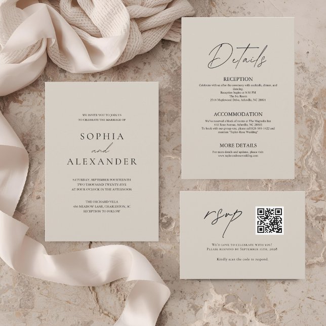 Convites Casamento Moderno Elegante Bege e Preto (Criador carregado)
