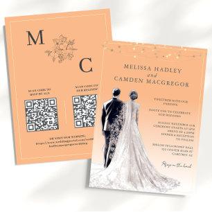 Convites Casamento Moderno Elegante com Código QR em Laranj